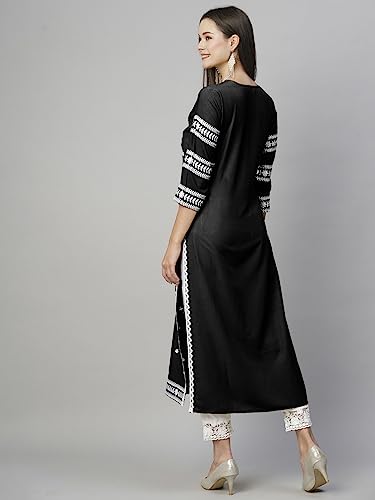Anni Designer Women'S Cotton Blend Straight Chikankari Embroidered Kurta (Stho-Black-Kds_S_Black_Small),Black,S,Cotton Blend,Regular,