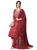 Gosriki Women'S Cotton Blend Embroidered Straight Kurta With Pant & Dupatta (Kasturi Maroon-Ngt-Gs_S_Maroon_Small),Maroon,,B0CKLR8481