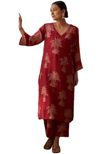 Anni Designer Women'S Rayon Viscose Straight Printed Kurta With Pant (Robin Red-Vks01_Xxl_Red_Xx-Large),Red,2XL