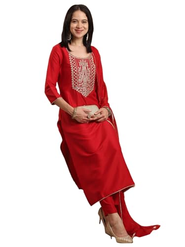 Anni Designer Women'S Rayon Blend Straight Embroidered Kurta With Pant & Dupatta (Sharbati Red_S_Red_Small),Red,S