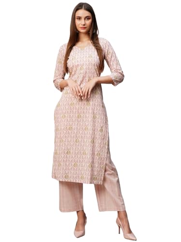 Anni Designer Women'S Cotton Blend Straight Printed Kurta With Pant (Pat 11 Pink_S_Pink_Small),Pink,S
