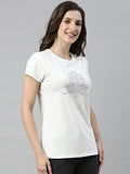 Enamor Essentials Women's Short Sleeve Crew Neck Slim Fit Breathable Stretch Cotton Tee With Graphic - E147(E147-Ivory/Hamsa Graphic-XL),Ivory/Hamsa Graphic