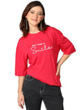 KOTTY Women's Printed Typography Round Neck Cotton Blend 3/4 Sleeve T-Shirt(Red M),Scarlet Red