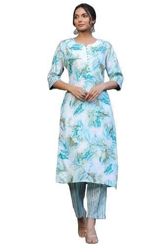 Gosriki Women'S Cotton Blend Straight Printed Kurta With Pant (Ps-Rama-Blue-Bfv-Gs_L_Blue_Large),Blue,,B0CPXV94D2