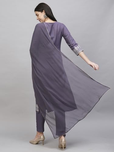 Anni Designer Women'S Cotton Blend Straight Printed Kurta With Pant & Dupatta (Rowan Purple_S_Purple_Small),Purple,S,Cotton Blend,Kurta Set,Dupatta