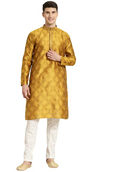 Sojanya (Since 1958 Men'S Jacquard Silk Mustard & Self Design Kurta & Off White Churidar Pyjama Set