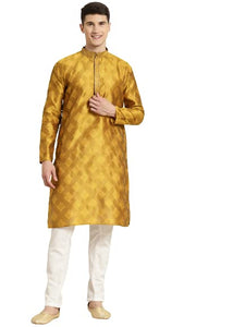 Sojanya (Since 1958 Men'S Jacquard Silk Mustard & Self Design Kurta & Off White Churidar Pyjama Set