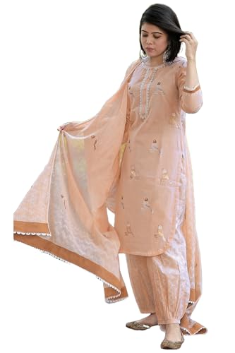 Gosriki Women'S Rayon Blend Hand Block Printed Straight Kurta With Pant & Dupatta (Ragsri Peach-Vks02-Gs_S_Peach_Small),Peach,,B0DC6L875D