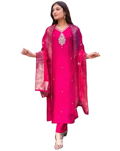 Anni Designer Women'S Silk Blend Straight Embroidered Kurta With Pant & Dupatta (Premium Pink-Vks05_S_Pink_Small),Pink,S