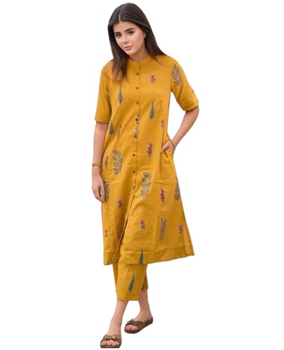 Anni Designer Women'S Rayon Viscose Printed A-Line Kurta With Pant (Barkat Yellow-Vks02_Xxl_Yellow_Xx-Large),Yellow,2XL