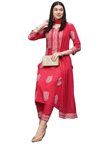 Anni Designer Women'S Cotton Blend Straight Printed Kurta With Pant & Dupatta (Carla Pink_M_Pink_Medium),Pink,M