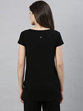 Enamor Essentials Women's Relaxed Fit Hip Length Cap Sleeves Scoop Neck 4 Way Stretch Soft & Luxurious Viscose Spandex Lounge Tee - E301(E301-Jet Black /Positive Graphic-XL),Jet Blk/Positive