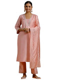 Libas Gerua Womens Yoke Design Silk Blend Straight Kurta With Trousers And Dupatta