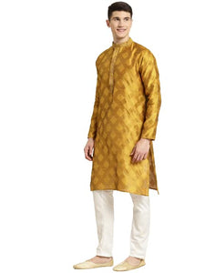 Sojanya (Since 1958 Men'S Jacquard Silk Mustard & Self Design Kurta & Off White Churidar Pyjama Set Mustard & Gold M