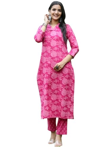 Anni Designer Women'S Cotton Blend Straight Printed Kurta With Pant (Chandar Pink_L_Pink_Large),Pink,L