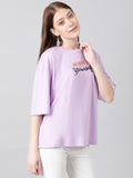 Kotty Women'S Printed, Typography Round Neck Cotton Blend Oversize T-Shirt(Purple,S)