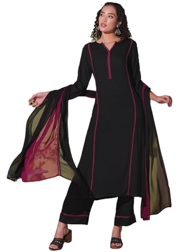 Anni Designer Women'S Rayon Viscose Straight Solid Kurta With Pant & Dupatta (Nanad Black-Vks01_L_Black_Large),Black,L