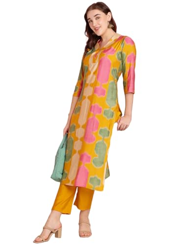 Gosriki Women'S Rayon Blend Straight Printed Kurta With Pant (Surdas Yellow-Vks01-Gs_M_Yellow_Medium),Yellow,,B0DRNMPV1W