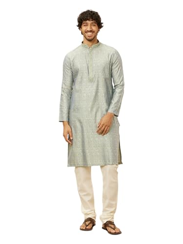 Manyavar Men'S Green Blended Viscose Self Design Kurta Pyjama Set (L)