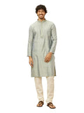 Manyavar Men'S Green Blended Viscose Self Design Kurta Pyjama Set (L)