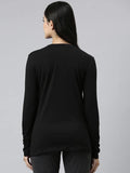 Enamor Essentials Full Sleeve Round Neck Slim Fit Stretch Cotton Lounge Tshirt For Womens-E157 (E157_Jet Black/Hamsa Energey_S)