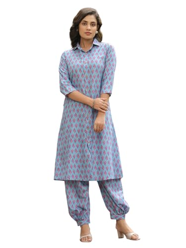 Leriya Fashion RAYON PRINTED A-LINE FRONT OPEN CO-ORD KURTA SET FOR WOMEN (LF-W2127&TR1094-S-BLUE)