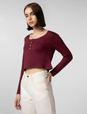 Fyltr Women'S Casual Scoop Neck Henley T-Shirt - Full Sleeves | Fitted Length,Berry Cherry,Berry Cherry,2Xl