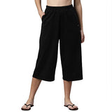 Enamor Essentials Women's High Waisted Relaxed Fit Capri Length Breathable Pure Cotton Culottes with Pockets & Adjustable Drawstring - E402(E402-Jet Black-XL),Jet Black