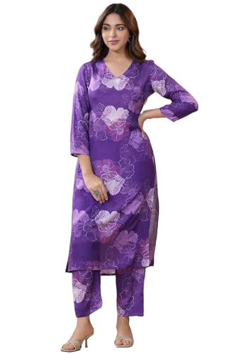 Anni Designer Women'S Cotton Blend Calf Length Printed Straight Co-Ord Set (710 Violet_Purple_Small),Purple,S