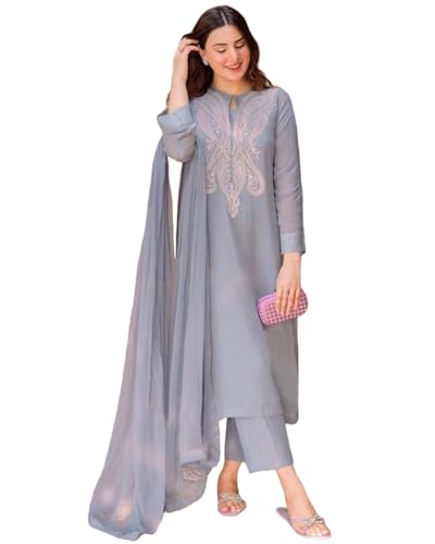 Anni Designer Women'S Cotton Blend Embroidered Straight Kurta With Pant & Dupatta (Gudali Blue_S_Blue_Small),Blue,S