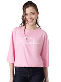 Kotty Women'S Printed, Typography Round Neck Cotton Blend 3/4 Sleeve T-Shirt(Pink,S)