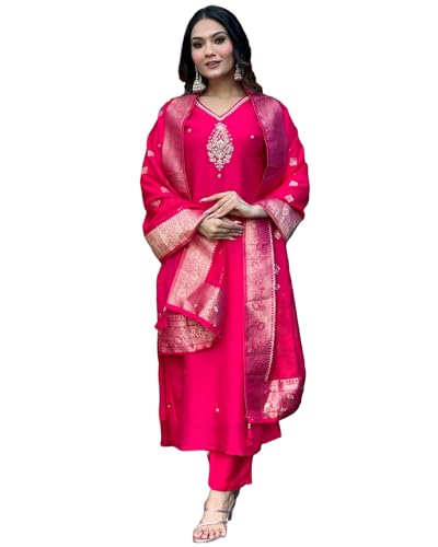 Anni Designer Women'S Silk Blend Straight Embroidered Kurta With Pant & Dupatta (Premium Pink_Xl_Pink_X-Large),Pink,XL