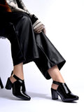 Shoetopia Women'S Black Patent Leather Block Heel Sandal With Ankle Strap And Pointed Toe Elegant Formal Dress Sandal Eu40,Black,7,B0DZVMPV95