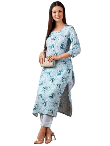 Anni Designer Women'S Cotton Blend Straight Printed Kurta With Pant (Bhutam Blue_M_Blue_Medium),Blue,M