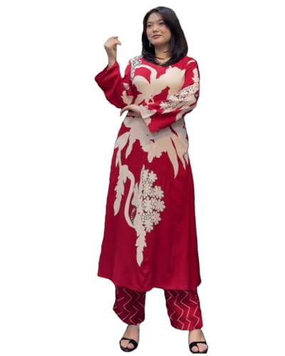 Anni Designer Women'S Cotton Blend Straight Printed Kurta With Palazzo (Cukari Red-Vks01_L_Red_Large),Red,L