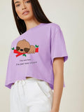 Kotty Women'S Printed Cotton Blend Oversized Crop T-Shirts,Orchid PurpleApparel,L