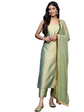 Varanga green spaghetti strap straight kurta with tonal bottom and tonal dupatta.