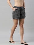 Enamor Essentials Women's Mid Rise Relaxed Fit Thigh Length Breathable Pure Cotton Shorts with 2 Side Pockets - E062(E062-Black Rings Aop-L),Black Rings Aop