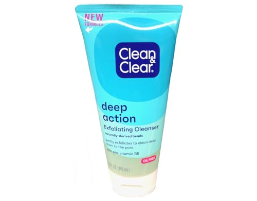 Clean & Clear Deep Action Oil-Free Exfoliating Face Scrub for Deep Pore Cleansing, Cooling Face Wash with Natural Exfoliating Be