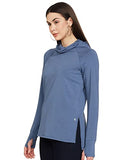 Enamor Athleisure Women's 4 Way Stretch Cotton Quick Dry and Antimicrobial Hooded Mask T-Shirt for Women - A302(A302-Vintage Blue-L),Vintage Blue W/Focus