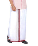 Prakasam Cotton Men'S Double White Dhoti With Dobby Design Border (1.30 X 4.00 Meter) (Cherry)