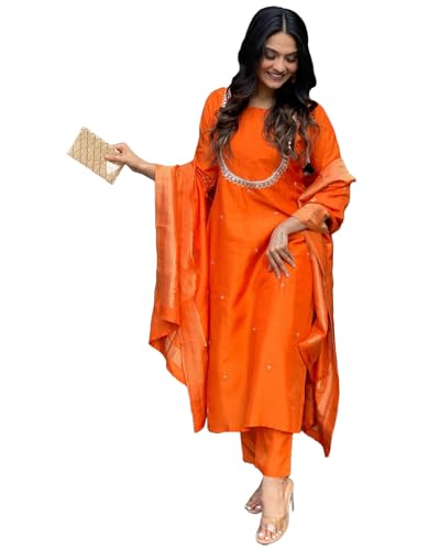 Anni Designer Women'S Silk Blend Straight Embroidered Kurta With Pant & Dupatta (Deluxe Orange_Xl_Orange_X-Large),Orange,XL