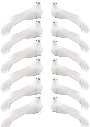 NERKT 12Pcs Artificial White Doves, White Feathered Mini Birds White Doves Decoration with Metal Clip for Craft Home Garden Wedd