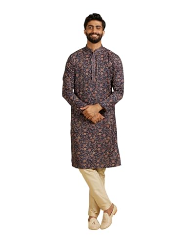 Manyavar Men'S Viscose Blend Floral Print Kurta Pyjama Set (Blue,S)