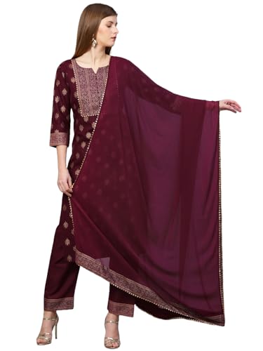 Anni Designer Women'S Cotton Blend Straight Printed Kurta With Pant & Dupatta (Coco Wine-Sm_M_Wine_Medium),Wine,M