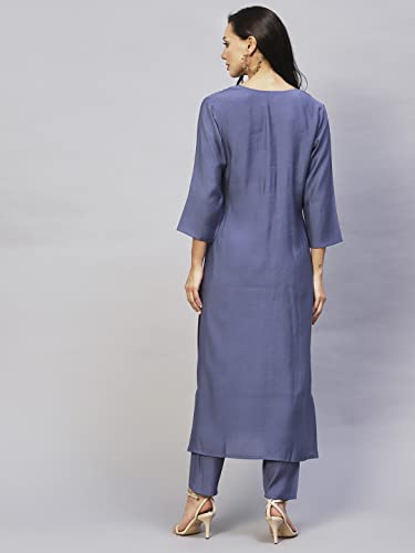 Anni Designer Women'S Cotton Blend Straight Embroidered Kurta With Pant (Miti Blue-Nw_M_Blue_Medium),Blue,M,Cotton Blend,Regular,Kurta