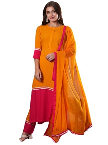 Anni Designer Women'S Cotton Blend Straight Solid Kurta With Pant & Dupatta (Panai Orange-Vks01_S_Orange_Small),Orange,S