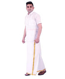 Prakasam Cotton Men'S Combed Cotton Finer Quality Double Dhoti (8 Mulam) - 3.80Mtrs/ Double Dhoti With Gold Jari Border