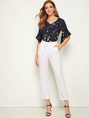 Toplot Printed Bell Sleeve Wrap & Swing V Neck Top For Women(T-V-Neck-Top-5009-Black-S),Black,,B0B39F5MK7