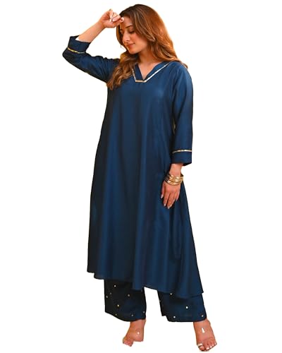 Gosriki Women'S Rayon Blend Straight Solid Kurta With Palazzo (Moroko Kerosin-Gs_L_Blue_Large),Blue,,B0DJWFRGXB